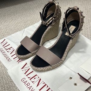 Valentino Double Rockstud Grainy Calfskin Wedge Sandal
